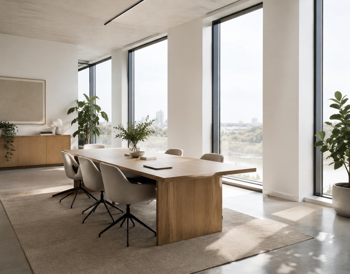 A calm, modern meeting room with natural light