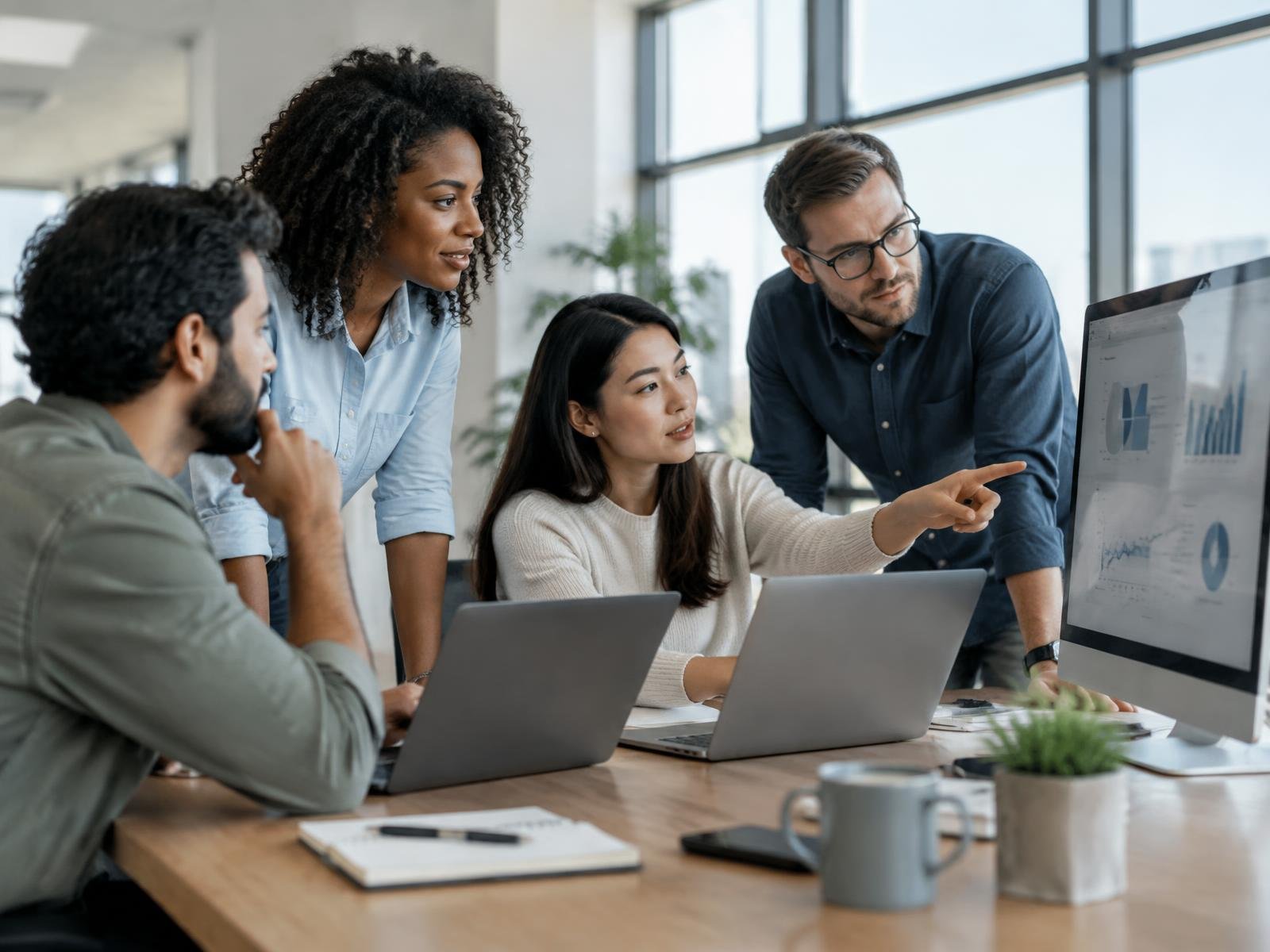 A team reviewing digital marketing performance together in an office