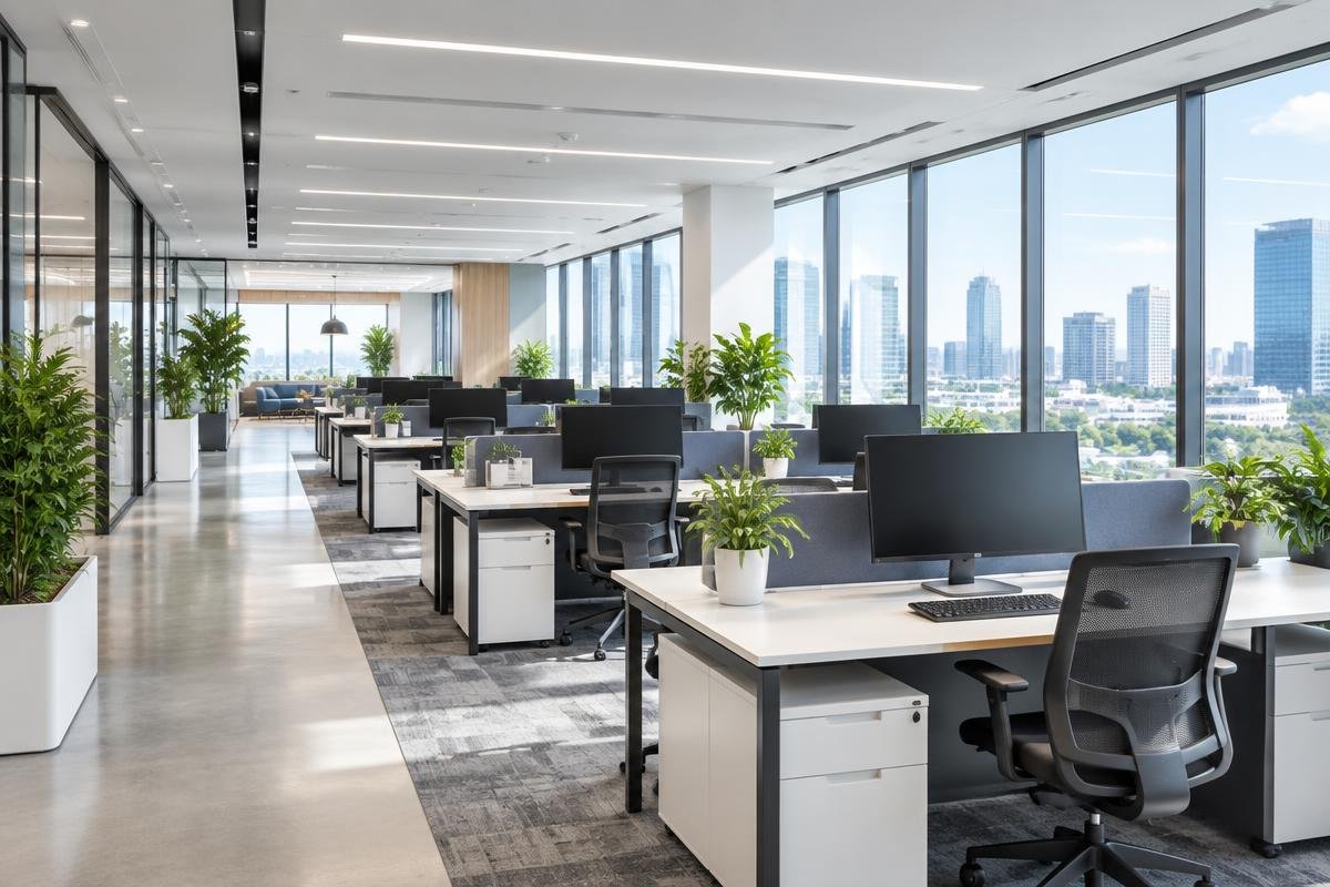 A bright open-plan office with desks and plants